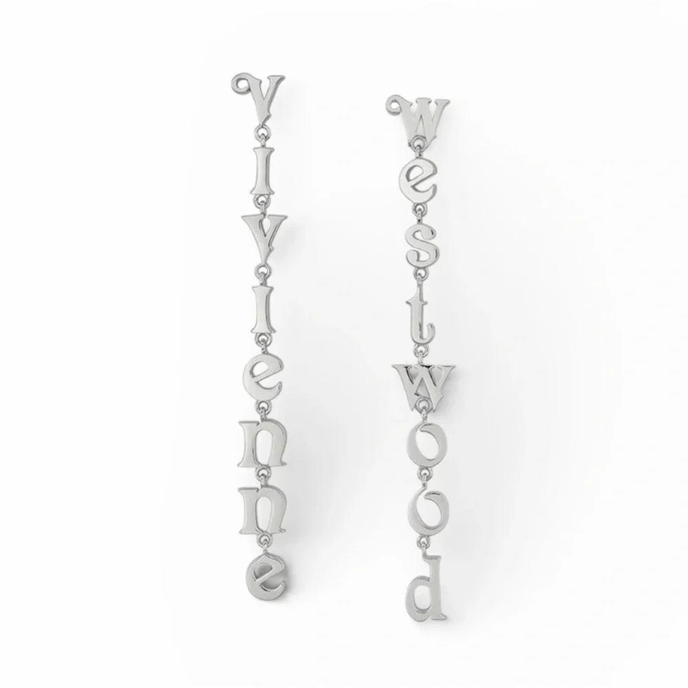 VIVIENNE WESTWOOD RAIMUNDA ASYMMETRICAL LETTER DROP EARRINGS – SILVER TONE - Picture 1 of 6